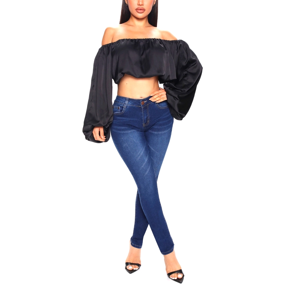 Sexy Black Satin Bardot Off The Shoulder Cropped Top